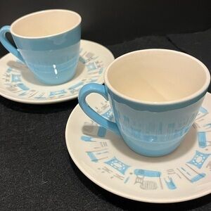 MCM 1950's Blue Heaven Atomic Coffee / Tea Cups & Saucers Set of Two